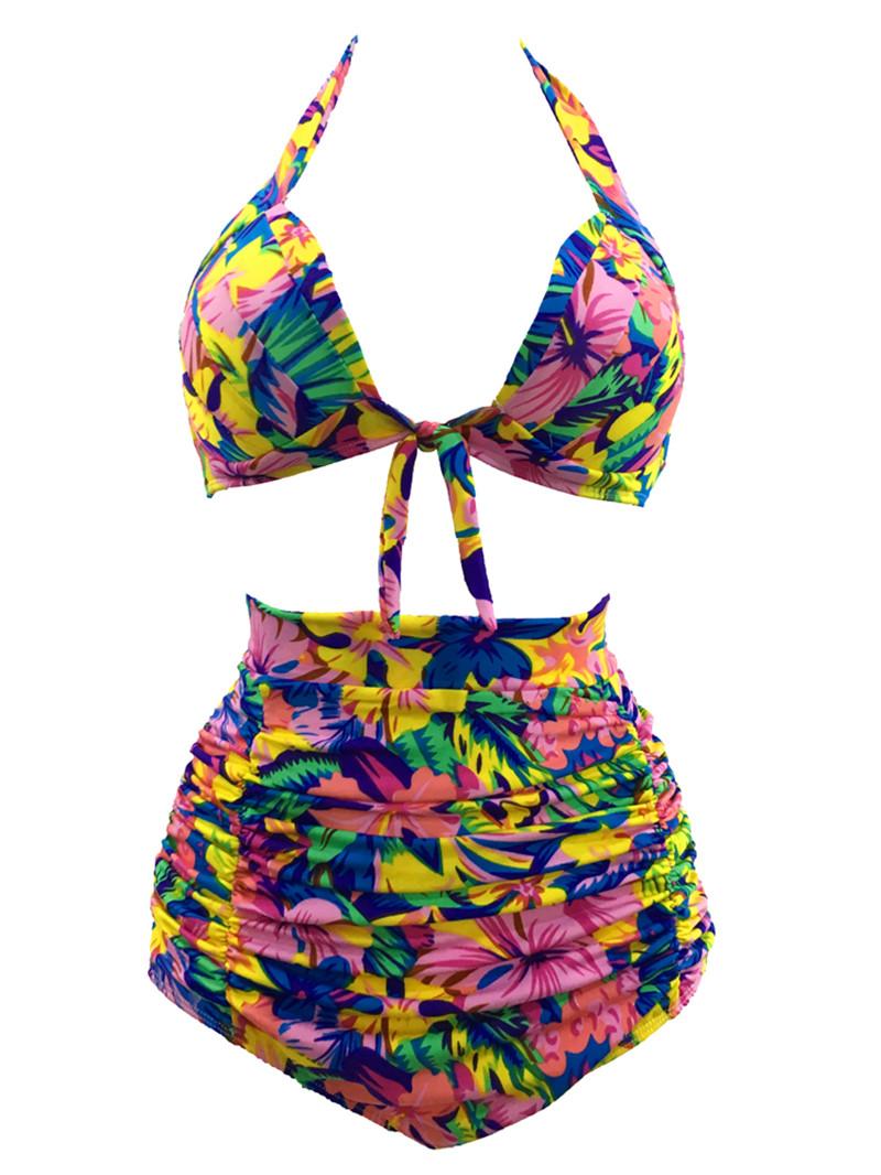 2Pcs Halter Bikini Set Floral High Waist Swimsuit Swimwear Bathing Suit