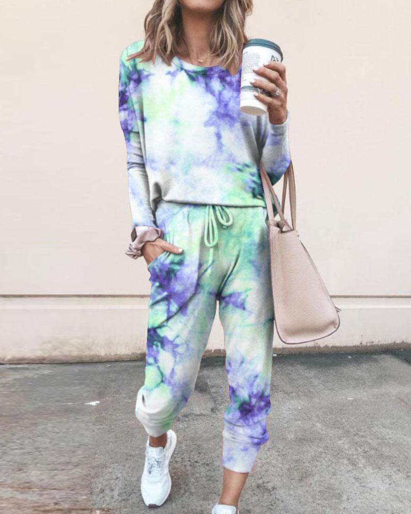 

Tie Dye Print Women Top & Drawstring Pants Set, Dark blue