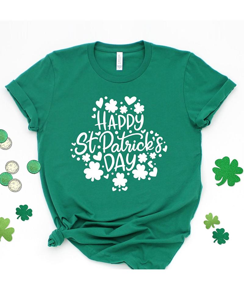 

St.Patrick' Day Clover Letter Print Short Sleeve T-Shirt, Green