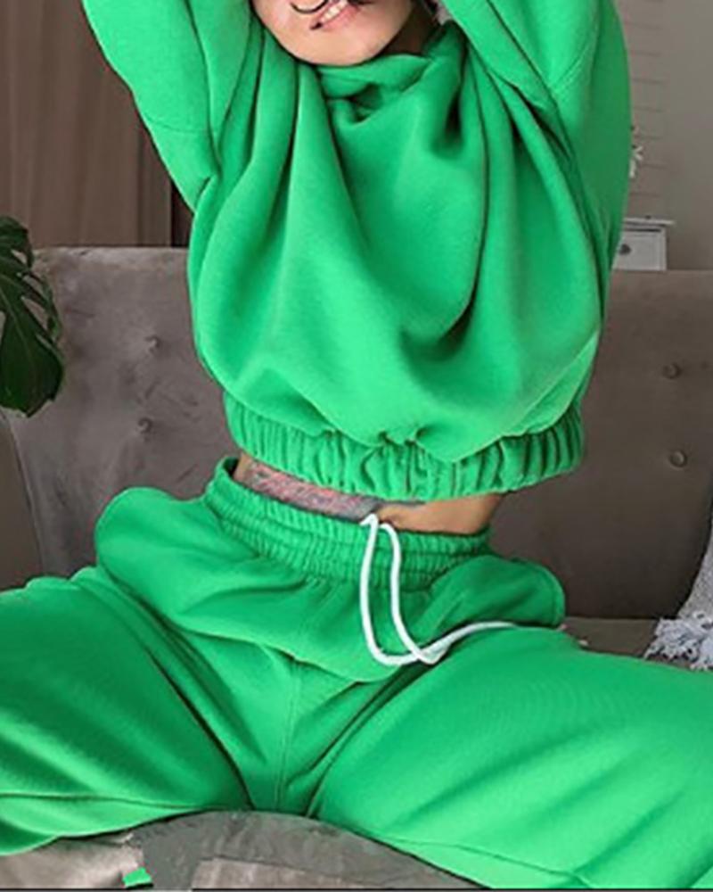 

Hooded Top & High Waist Pants Set, Green