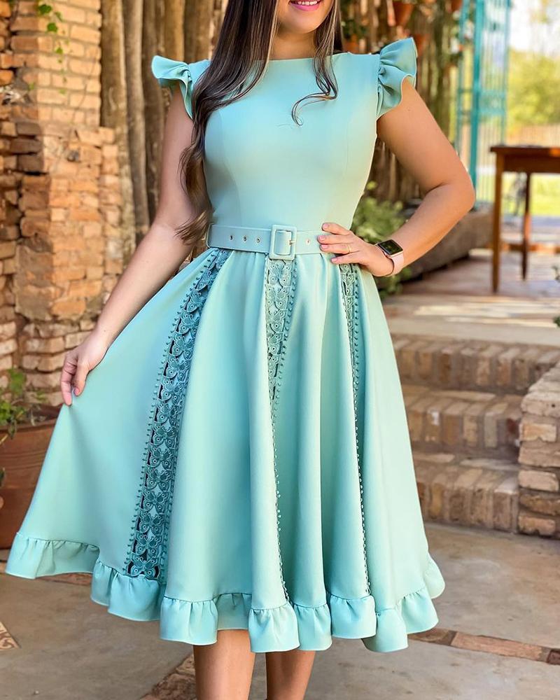 

Plain Hollow Out Frill Hem Dress, Green