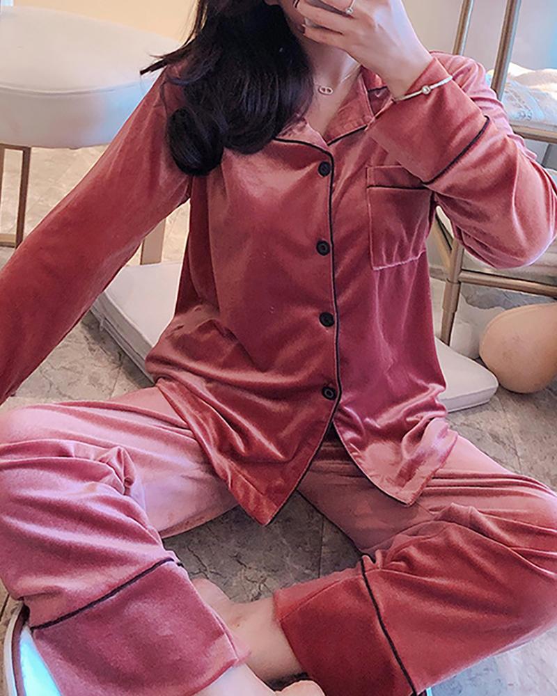 

Plain Pocket Design Pajamas Set, Pink