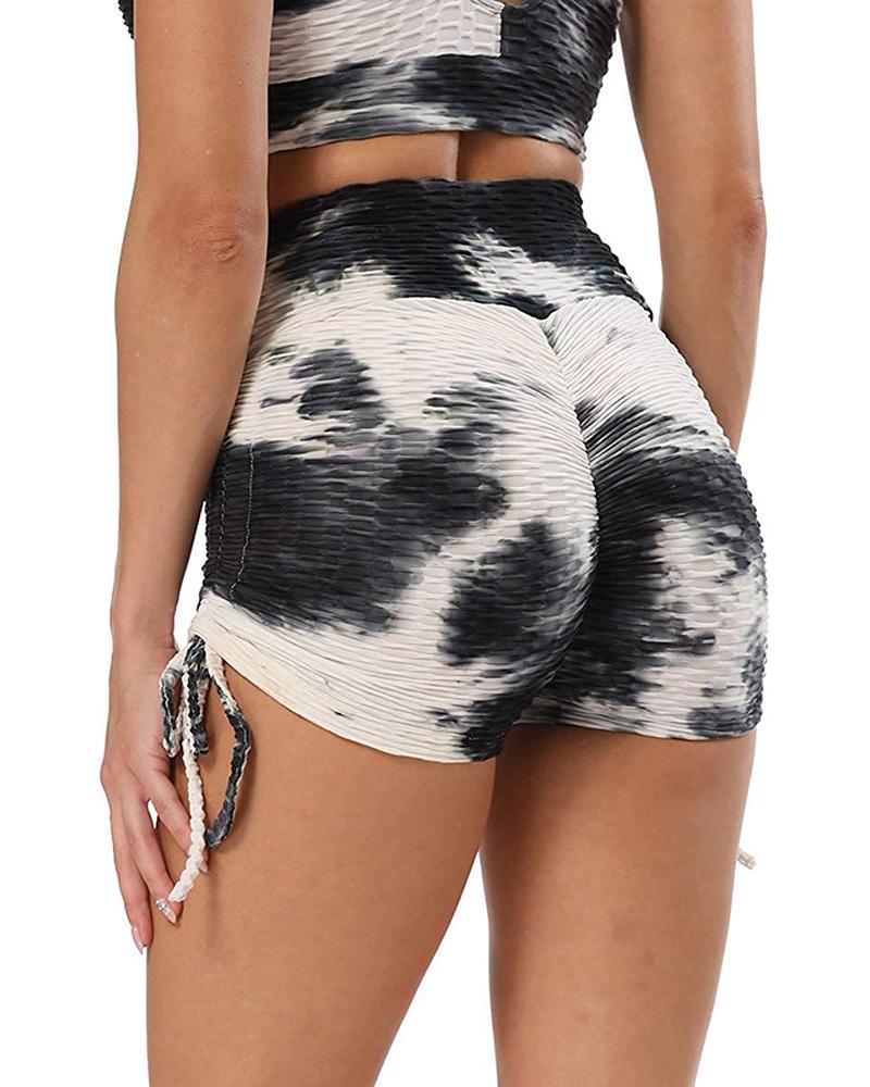 

Tie Dye Print Tummy Control Yoga Shorts Ruched Butt Lifting Textured Shorts, White