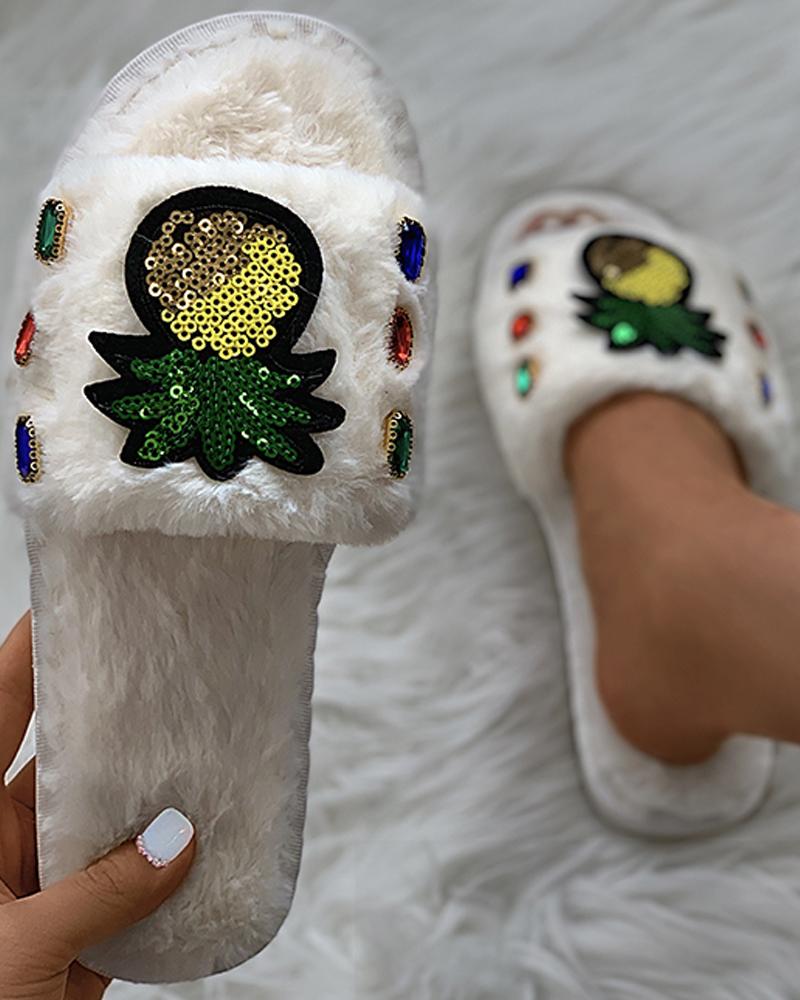 

Pineapple Pattern Rhinestone Fluffy Slippers, Beige