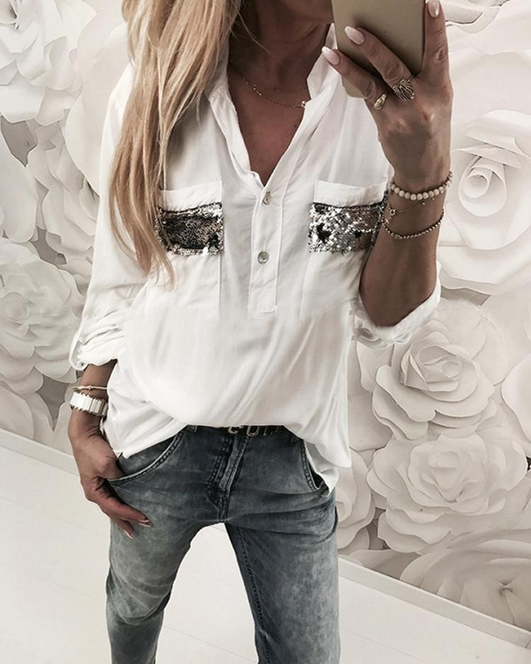 

Contrast Sequins Dual Pocket Casual Blouses, White
