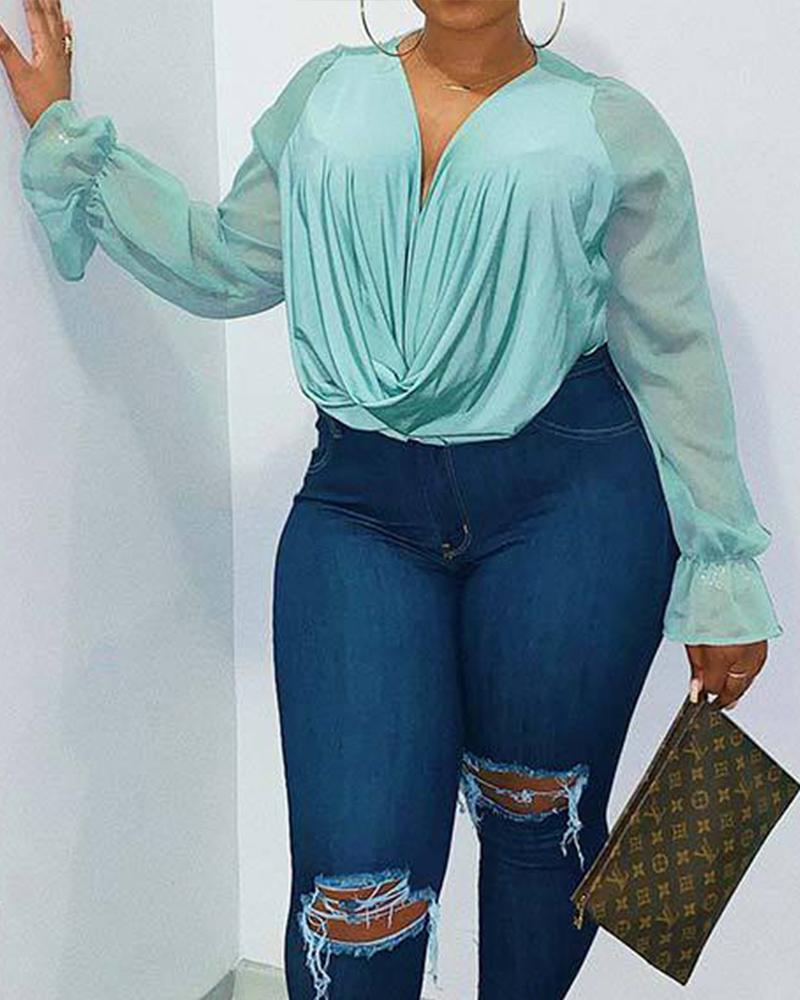 

Solid Long Sleeve Loose Chiffon Blouse, Light green