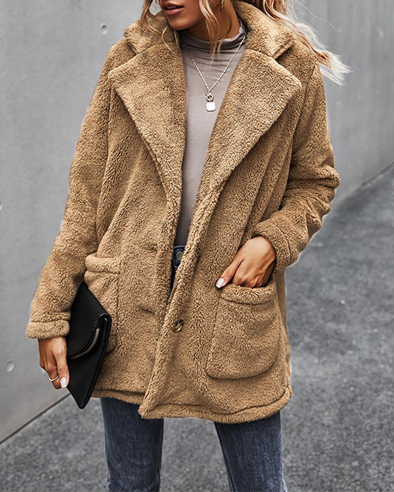 

Fluffy Buttoned Pocket Design Fleece Long Sleeve Coat, Apricot