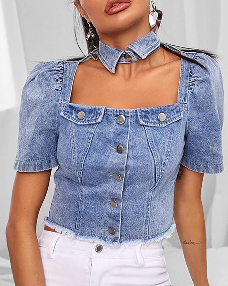 

Cutout Front Buttoned Fringe Hem Denim Top, Blue