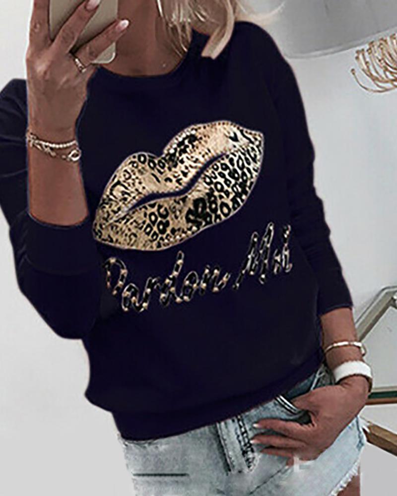 

Leopard Lip Print Long Sleeve Sweatshirt, Black
