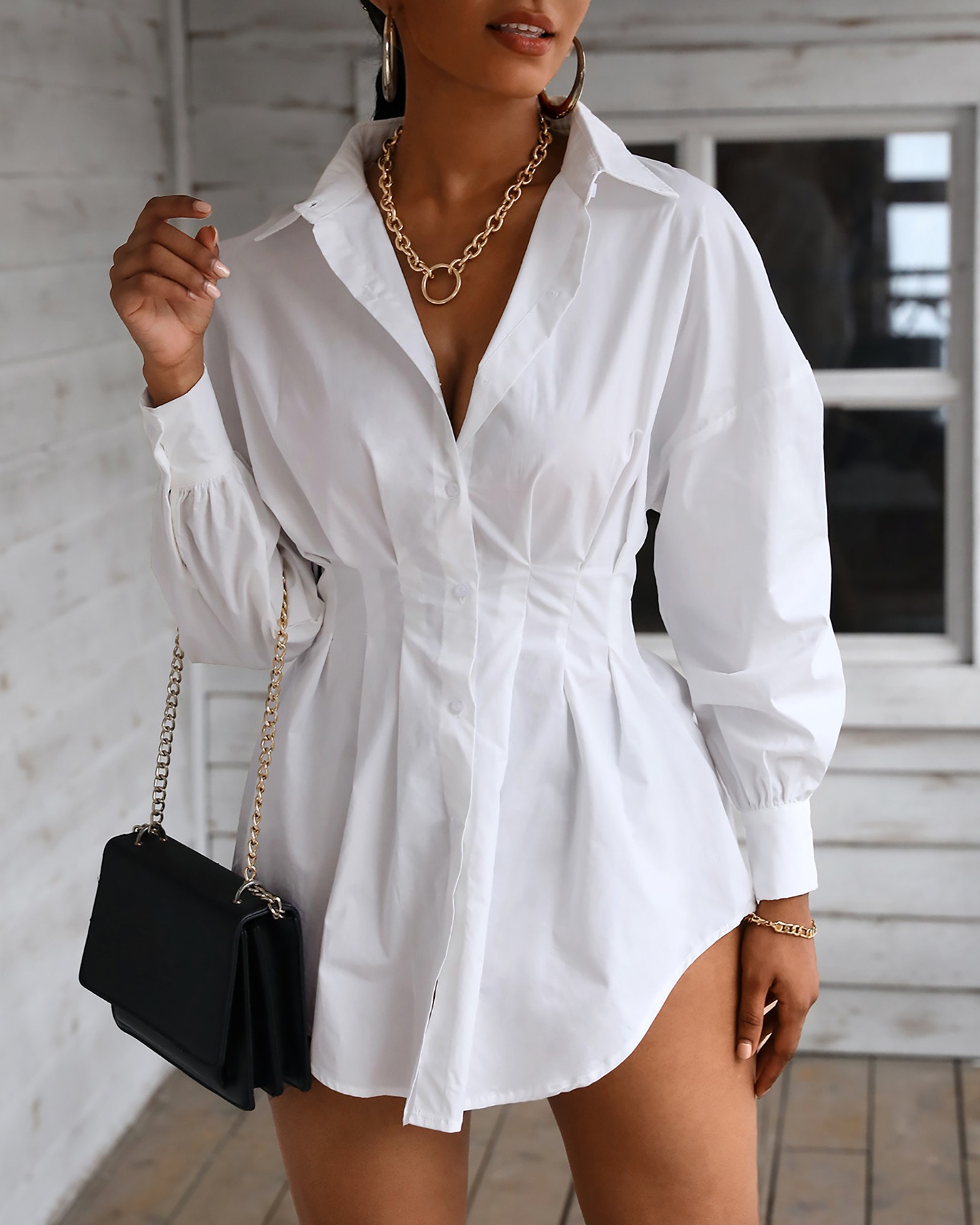 Solid Long Sleeve Casual Shirt Dress