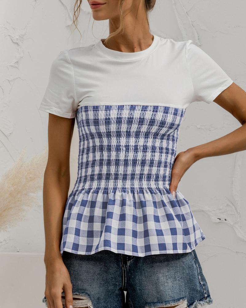 

Plaid Colorblock Shirring Round Neck T-Shirt, Blue