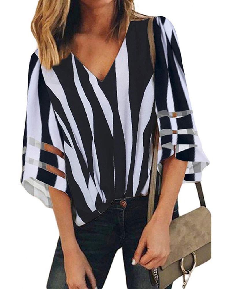 

Striped V-Neck Bell Sleeve Casual Blouse, Black