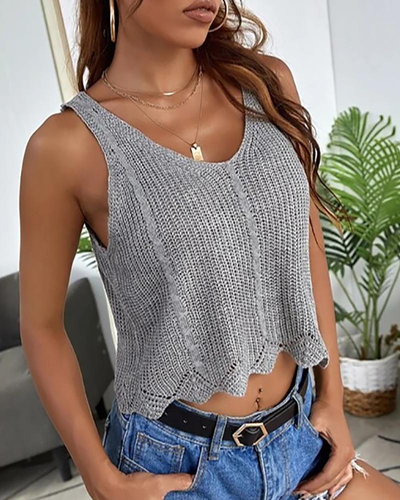 

V-Neck Scallop Trim Knit Casual Top, Gray