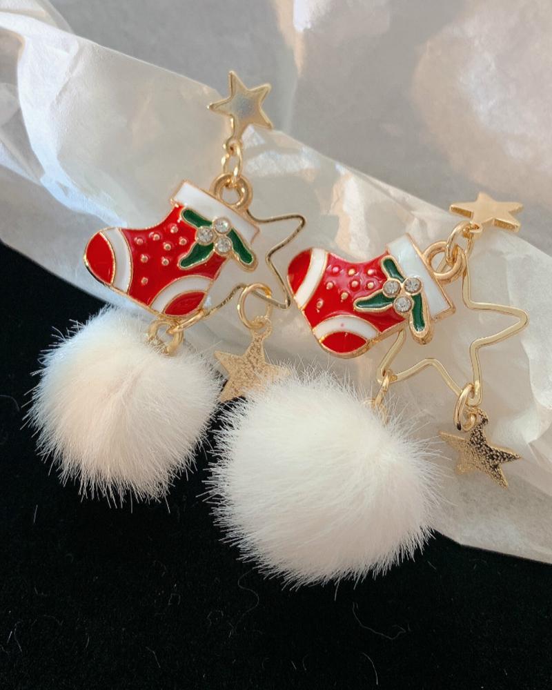 

Christmas Star Socks Pattern Pom Pom Drop Earrings, Red