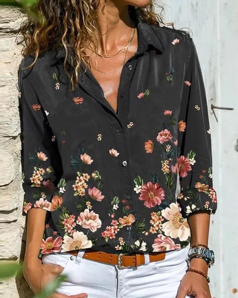 

Floral Print Button Design Long Sleeve Shirt, Black