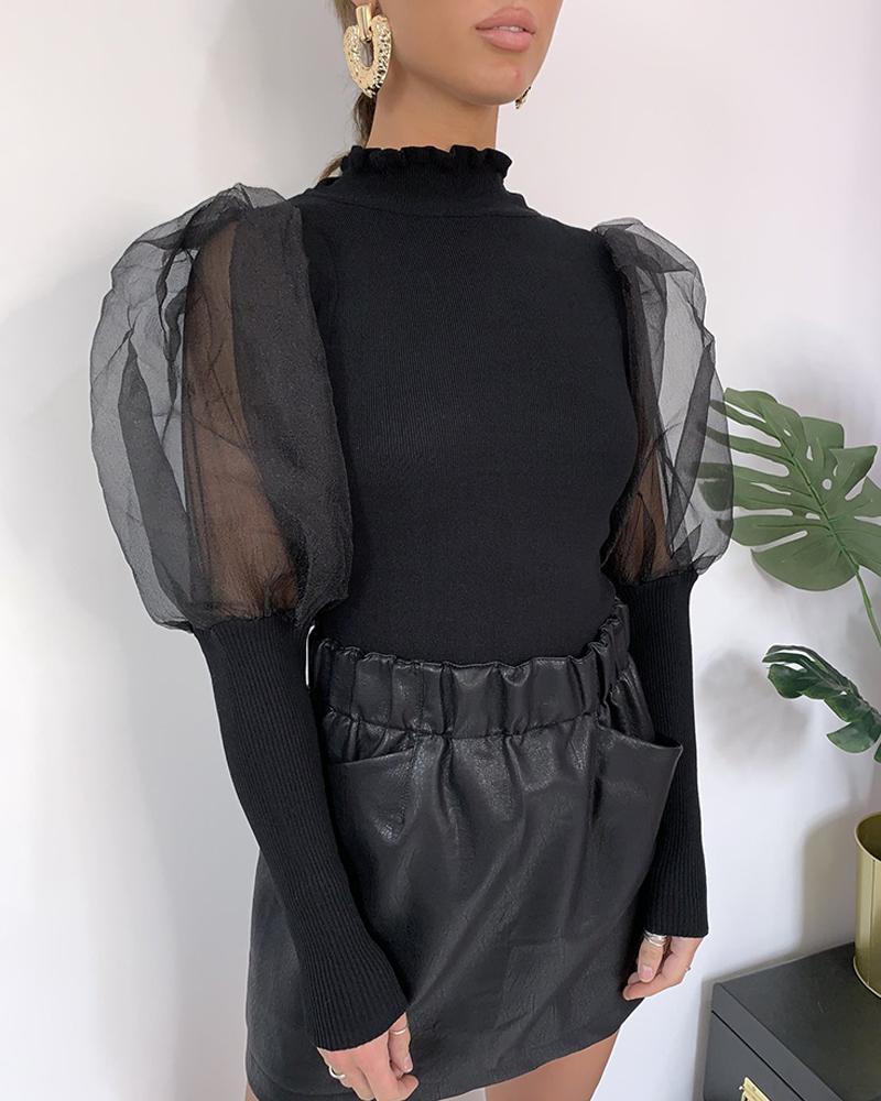 

Solid Patchwork Mesh Puff Sleeve Women Blouse, Black