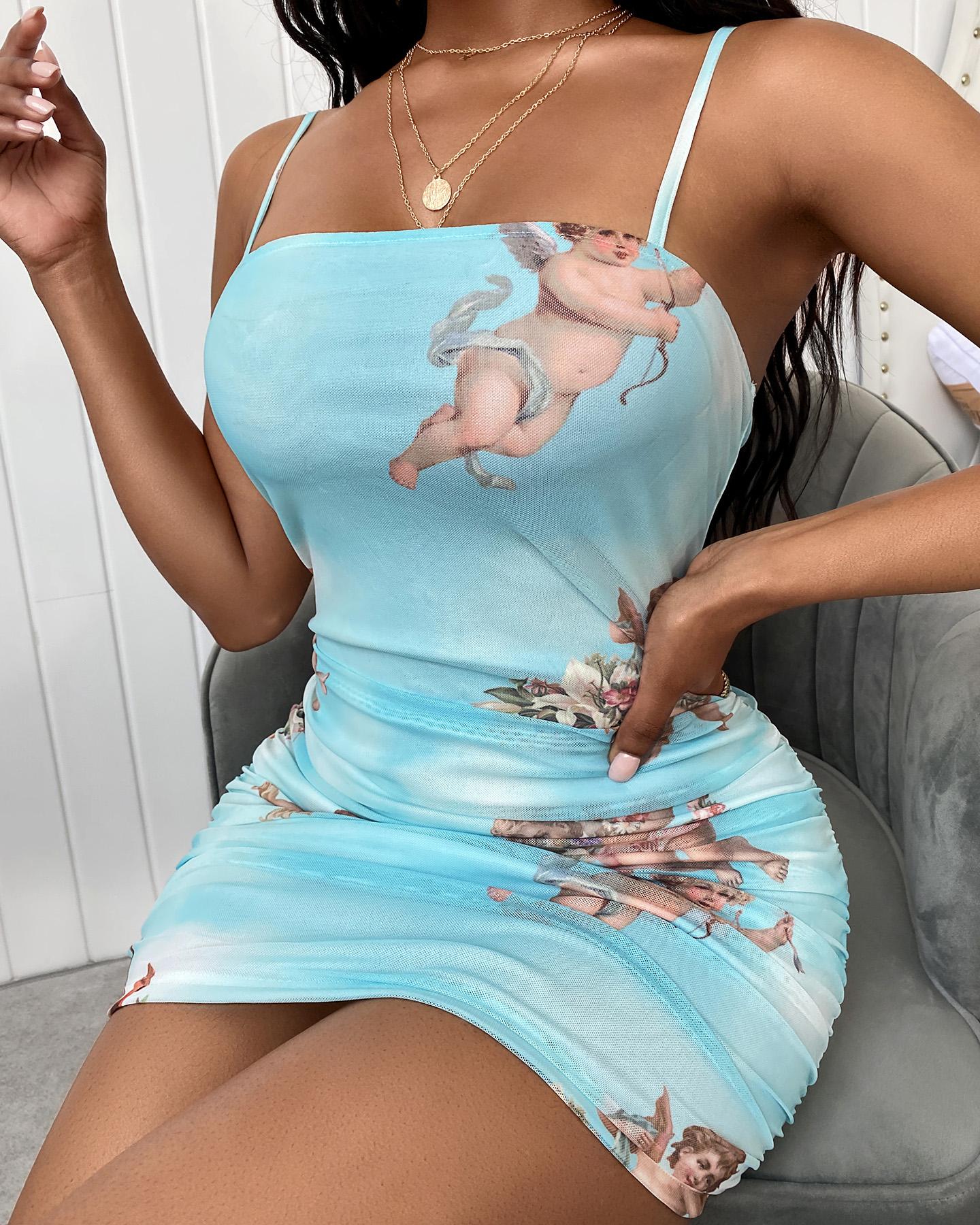 

Angle Print Ruched Bodycon Dress, Blue