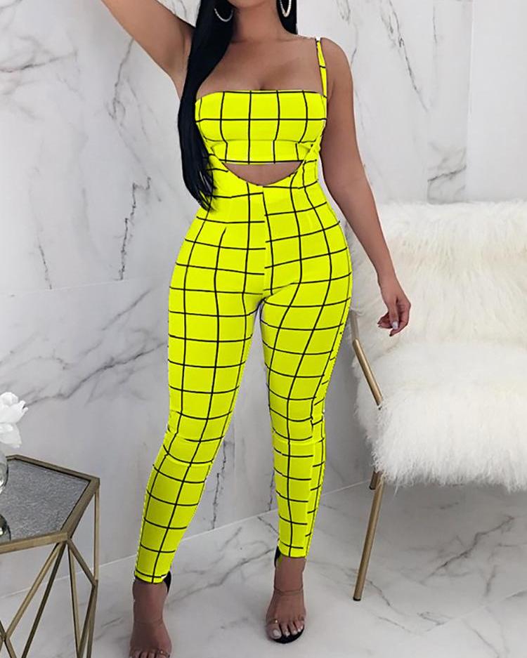 

Plaid Print Crop Top & High Waist Pants Set, Yellow