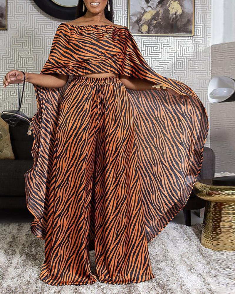 

Zebra Stripe Print Cloak Sleeve Top & Wide Leg Pants Set, Orange