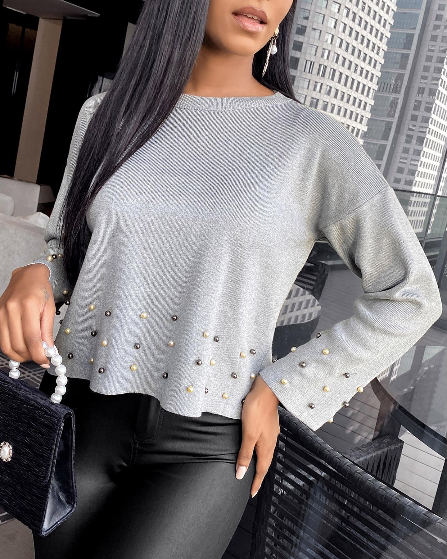 

Beaded Long Sleeve Casual Sweater, Gray