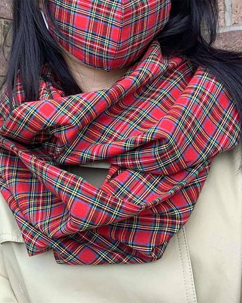 

Plaid Print Warm Scarf Without Mask, Red