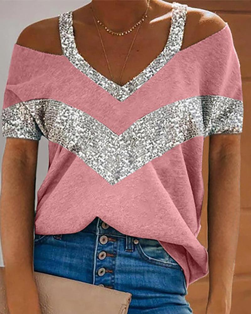 

Sequins Colorblock Cold Shoulder T-Shirt, Pink