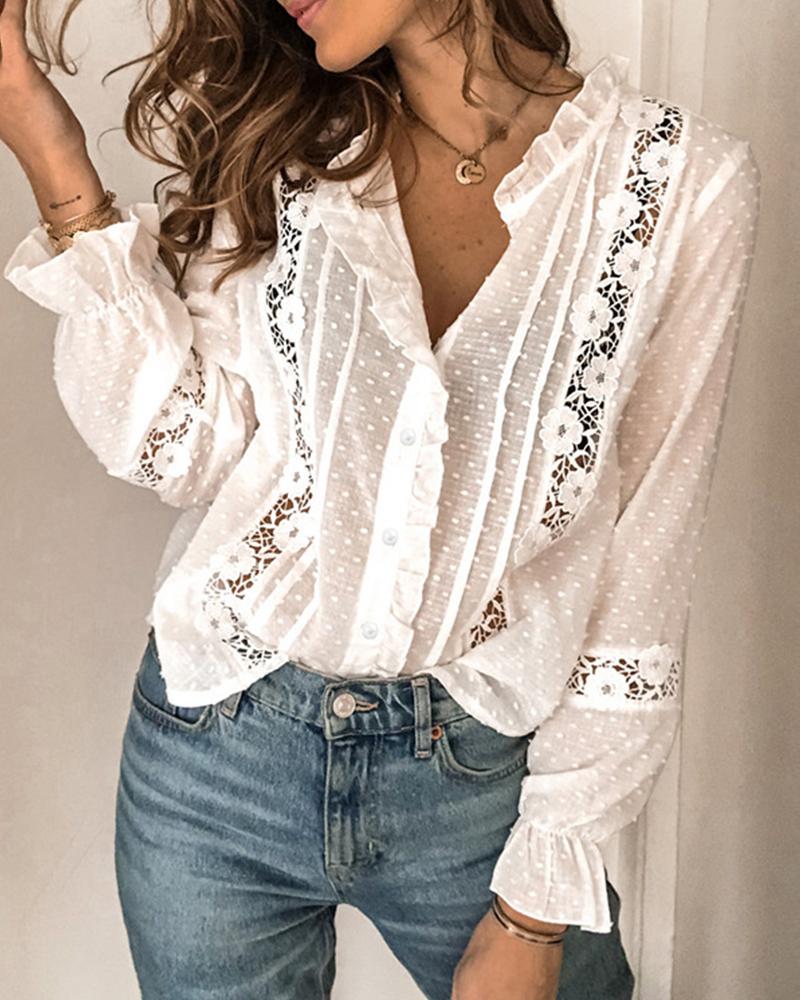 

Swiss Dot Flared Sleeve Floral Lace Shirt, White