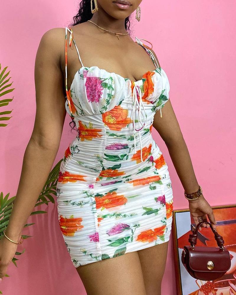 

Floral Print Tie Front Ruched Bodycon Dress, White