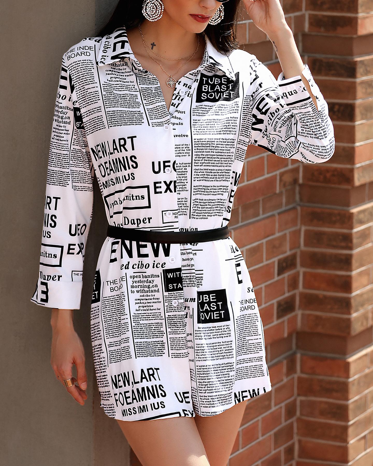 

Newspaper Print Long Sleeve Casual Shirt, White