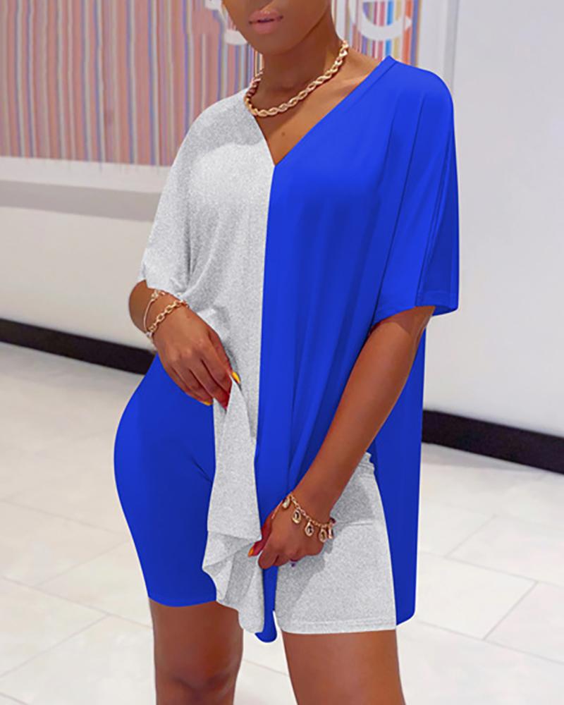 

Short Sleeve Colorblock Women Top & Shorts Set, Blue