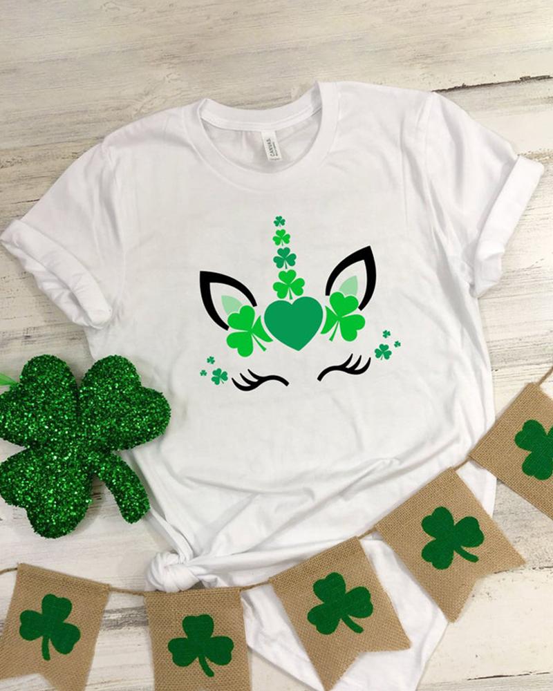 

St.Patrick' Day Clover Print Short Sleeve T-Shirt, White