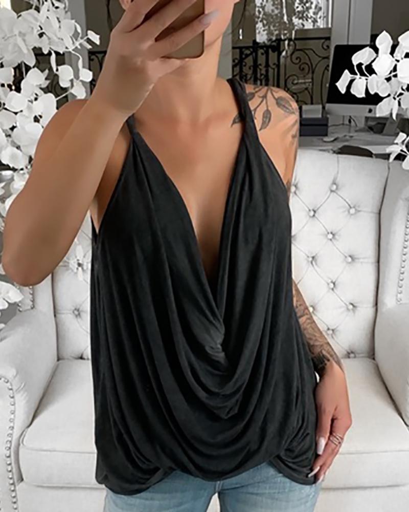 

Sleeveless Solid V Neck Sling Top, Black