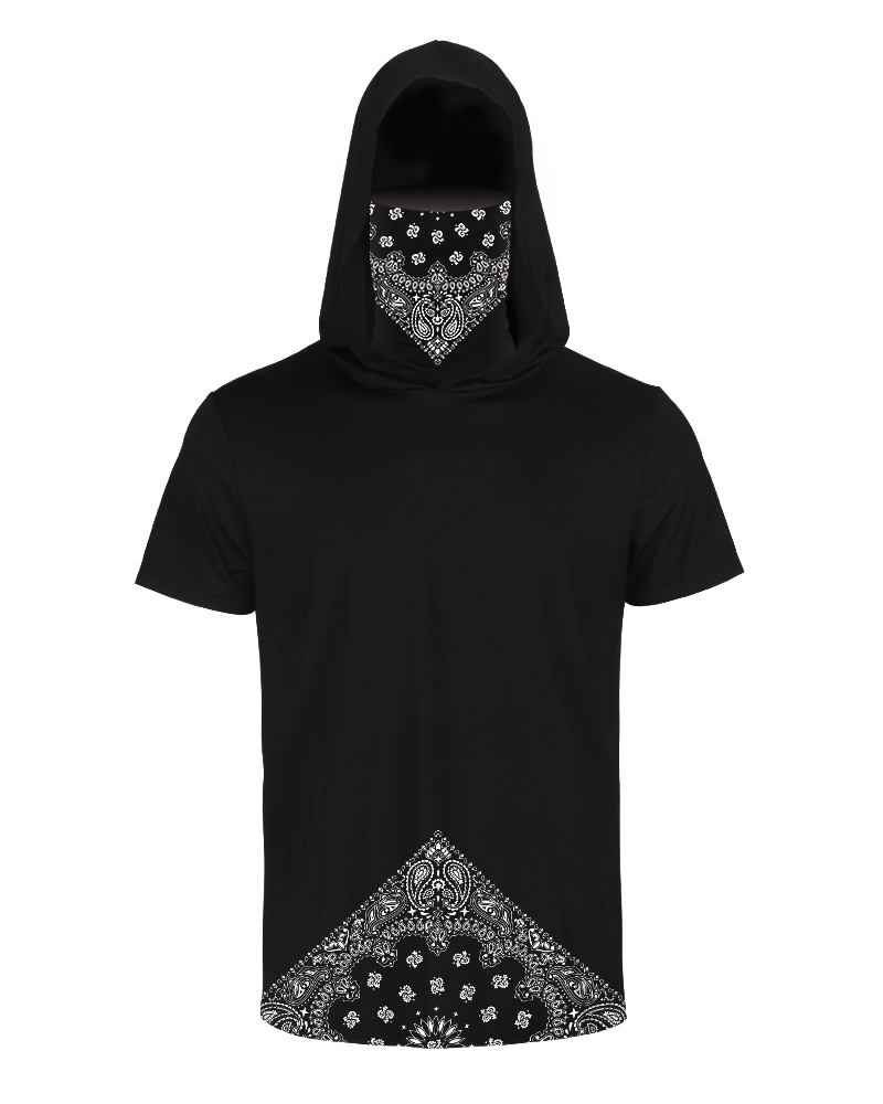 

Print Hooded Short Sleeve T-shirt With Ear Loop Face Bandana, Black