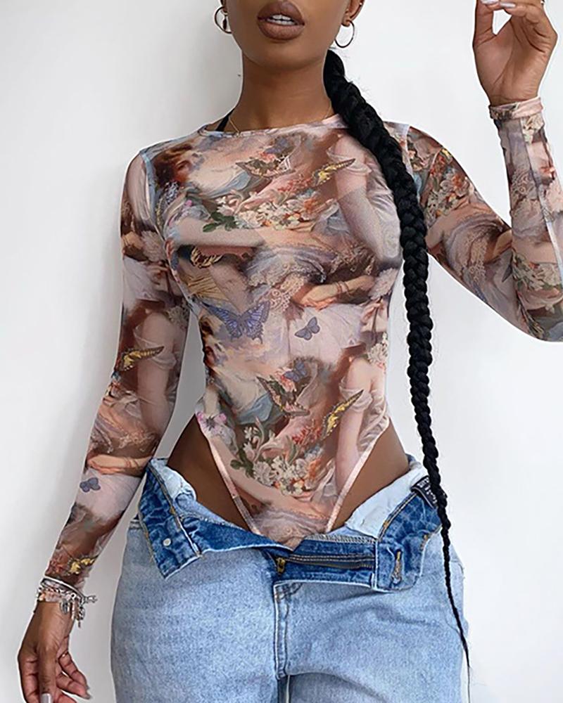 

Butterfly Angel Print Long Sleeve Bodycuit, Brown