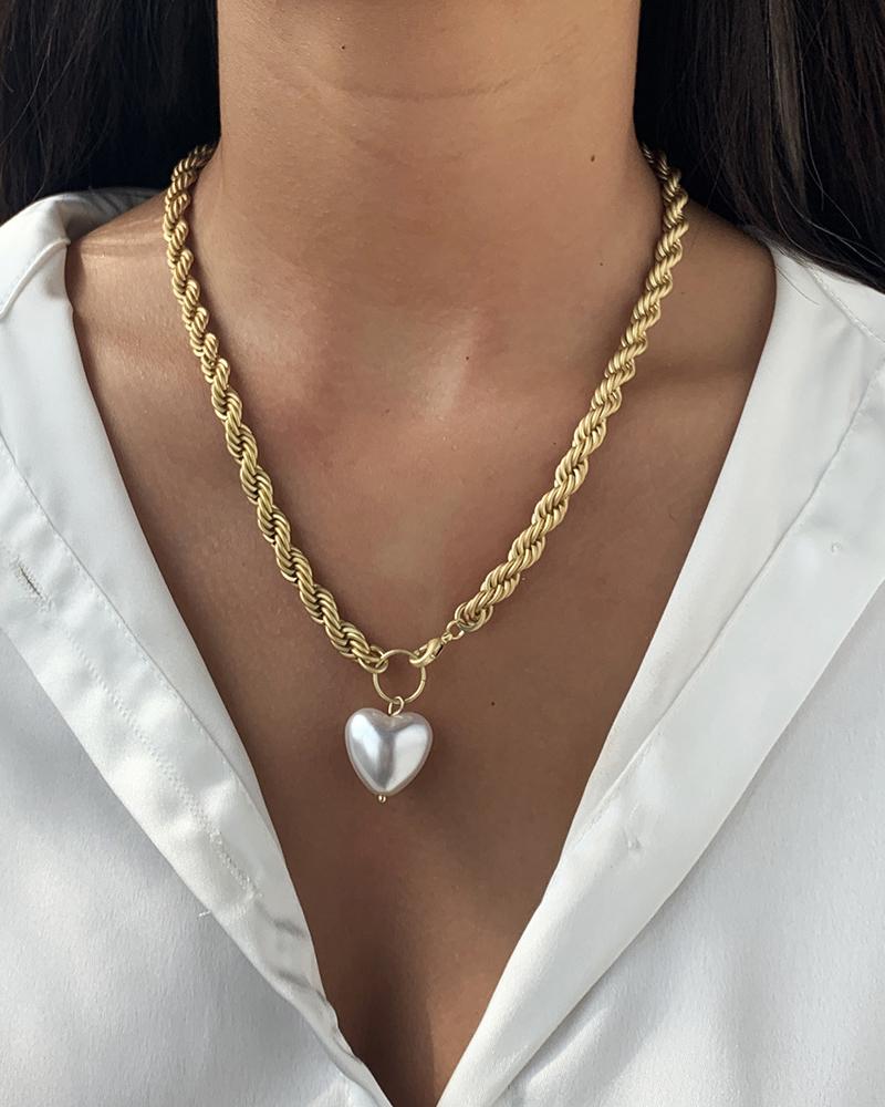 

Heart Pattern Beaded Chain Pendant Necklace, Gold