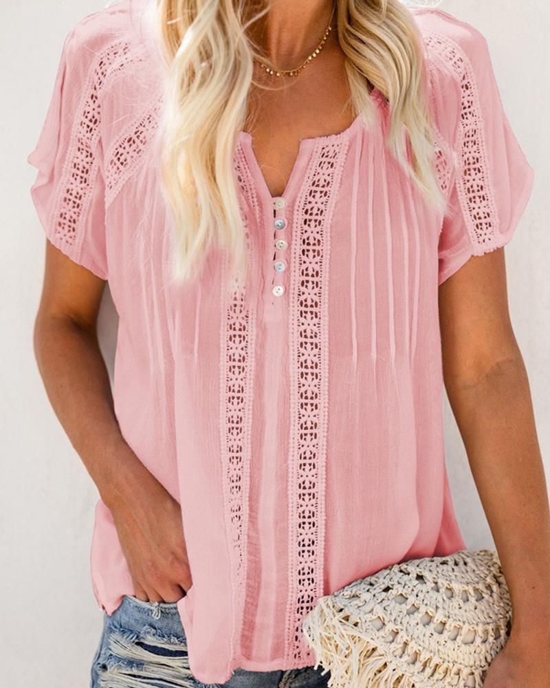 

Plain Hollow Out Lace Button Design Top, Pink