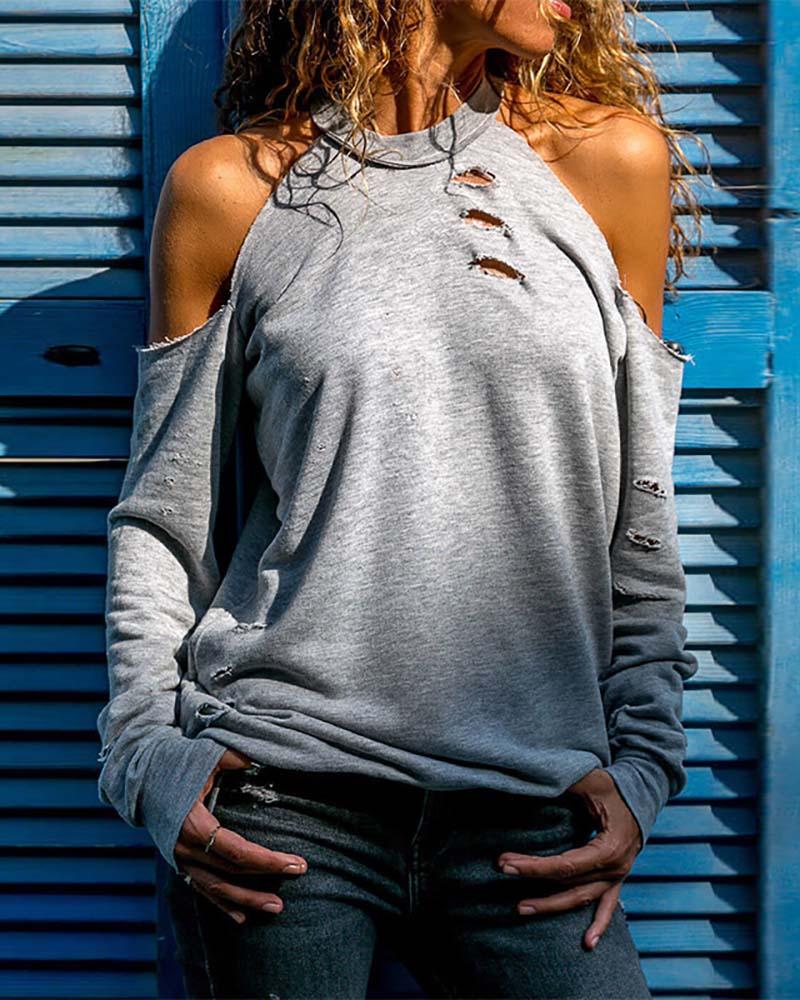 

Cold Shoulder Ribbed Cutout Casual Top, Gray