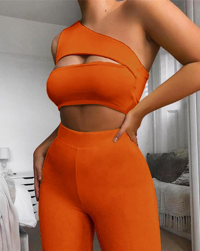 

One Shoulder Cutout Front Tank Women Top & Shorts Set, Orange