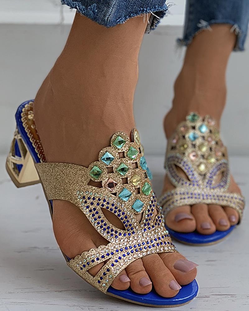 

Glitter Rhinestone Cutout Chunky Heel, Blue