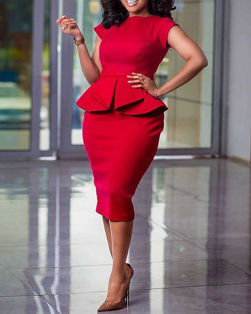 

Short Sleeve Peplum Work Dress, Red