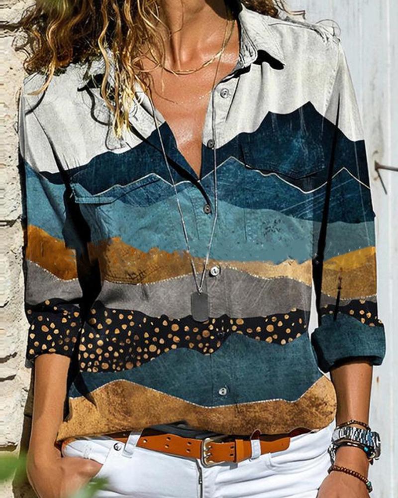 

Scenery Patterns Print Long Sleeve Blouse, Blue