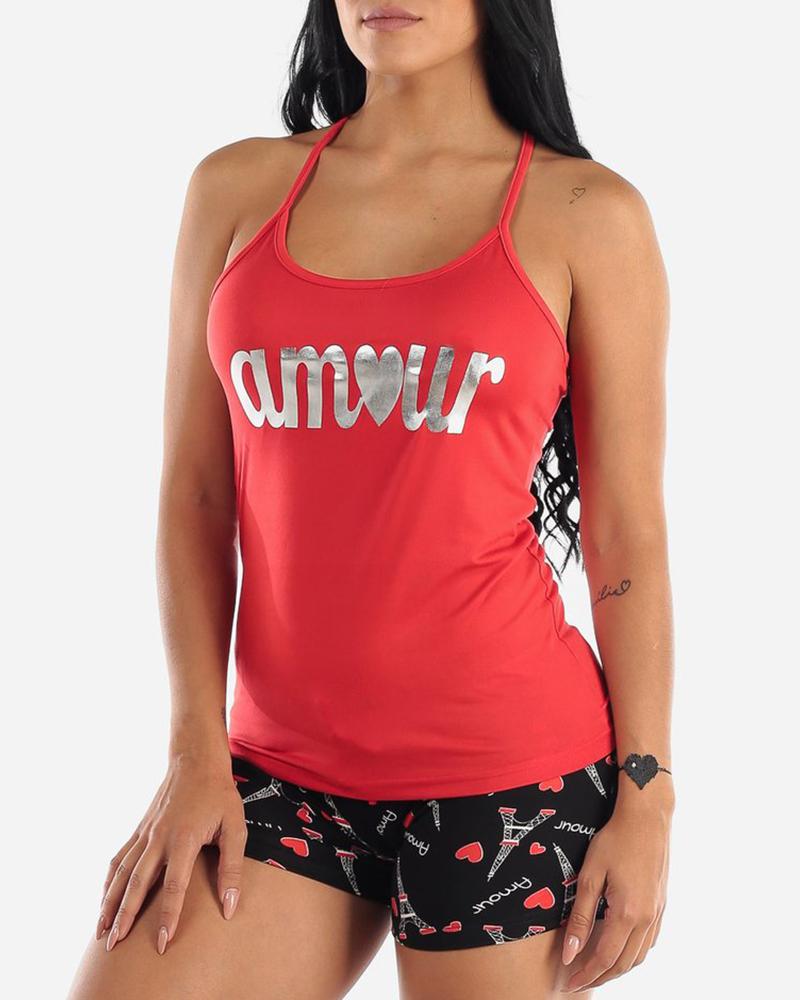 

Letter Heart Print Bowknot Design Cami Set, Red