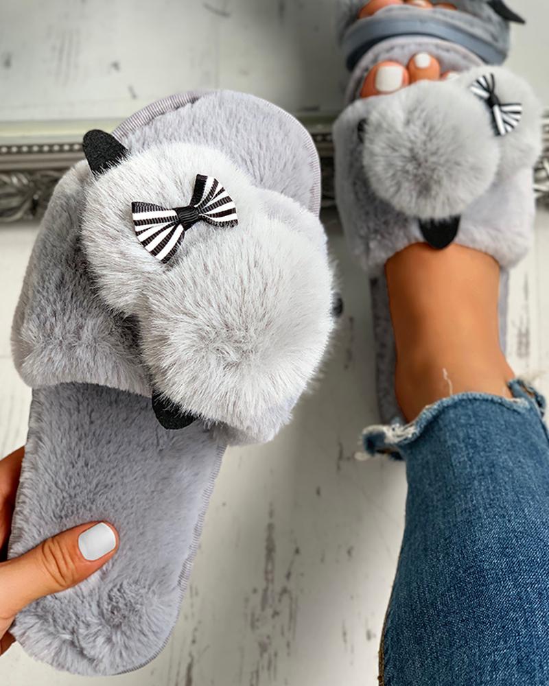

Fluffy Pom Pom Bowknot Embellished Open Toe Flat Slippers, Gray