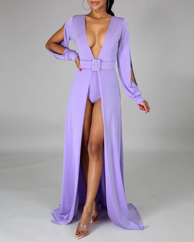 

Plunge Cutout High Slit Maxi Women Dress With Panty, Purple