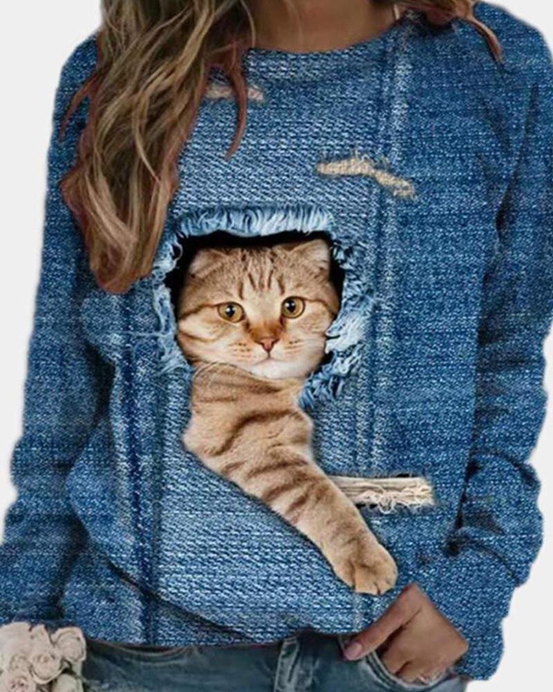 

Cat Graphic Print Long Sleeve Top, Blue