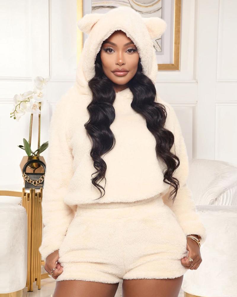 

Plain Fluffy Long Sleeve Hooded Top & Shorts Set, Beige