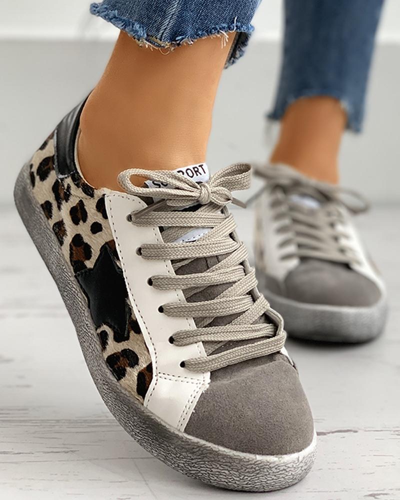 

Cheetah Pattern Lace-up Casual Sneakers, Leopard