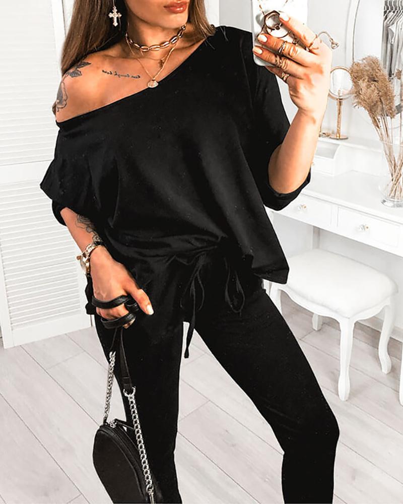 

One Shoulder Women Top & Drawstring Pants Set, Black