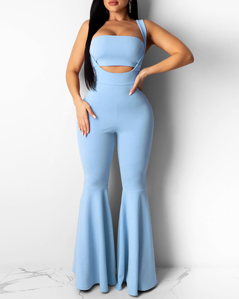 

Solid Bandeau Top & Bell-bottomed Jumpsuit Set, Blue
