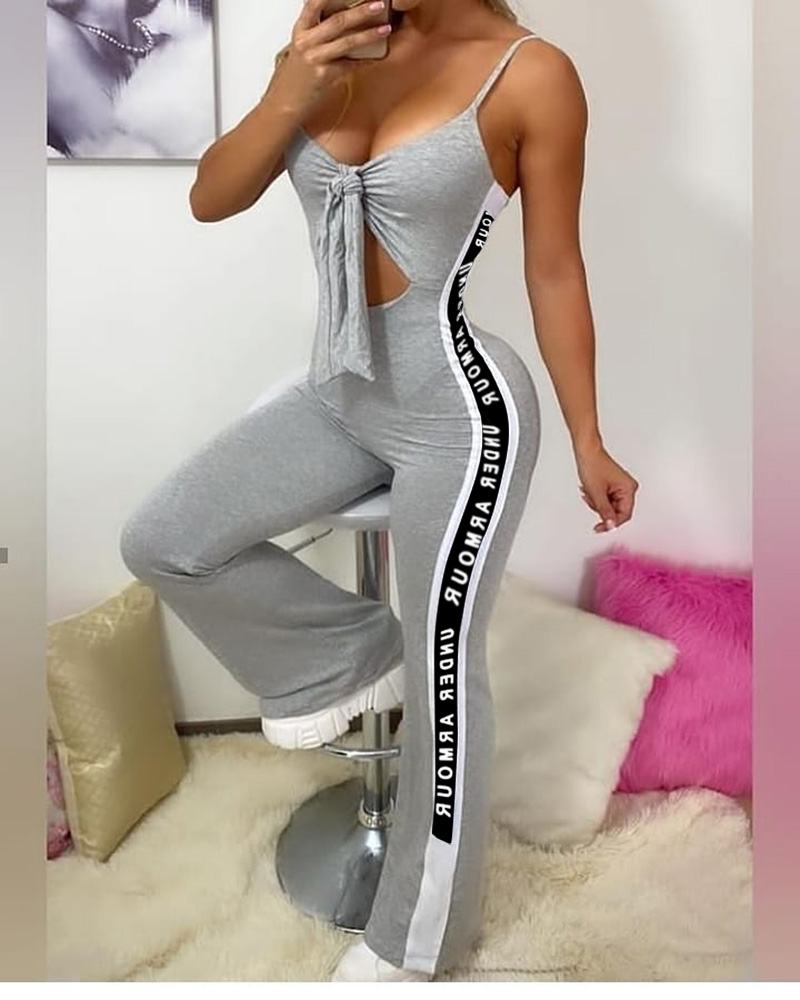 

Knotted Letter Print Cutout Front Jumpsuit, Gray
